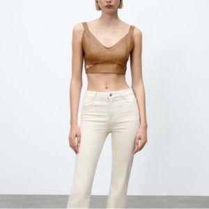 Zara Faux Leather Cut Out Crop Top Brown Size M NWT Going Out Top